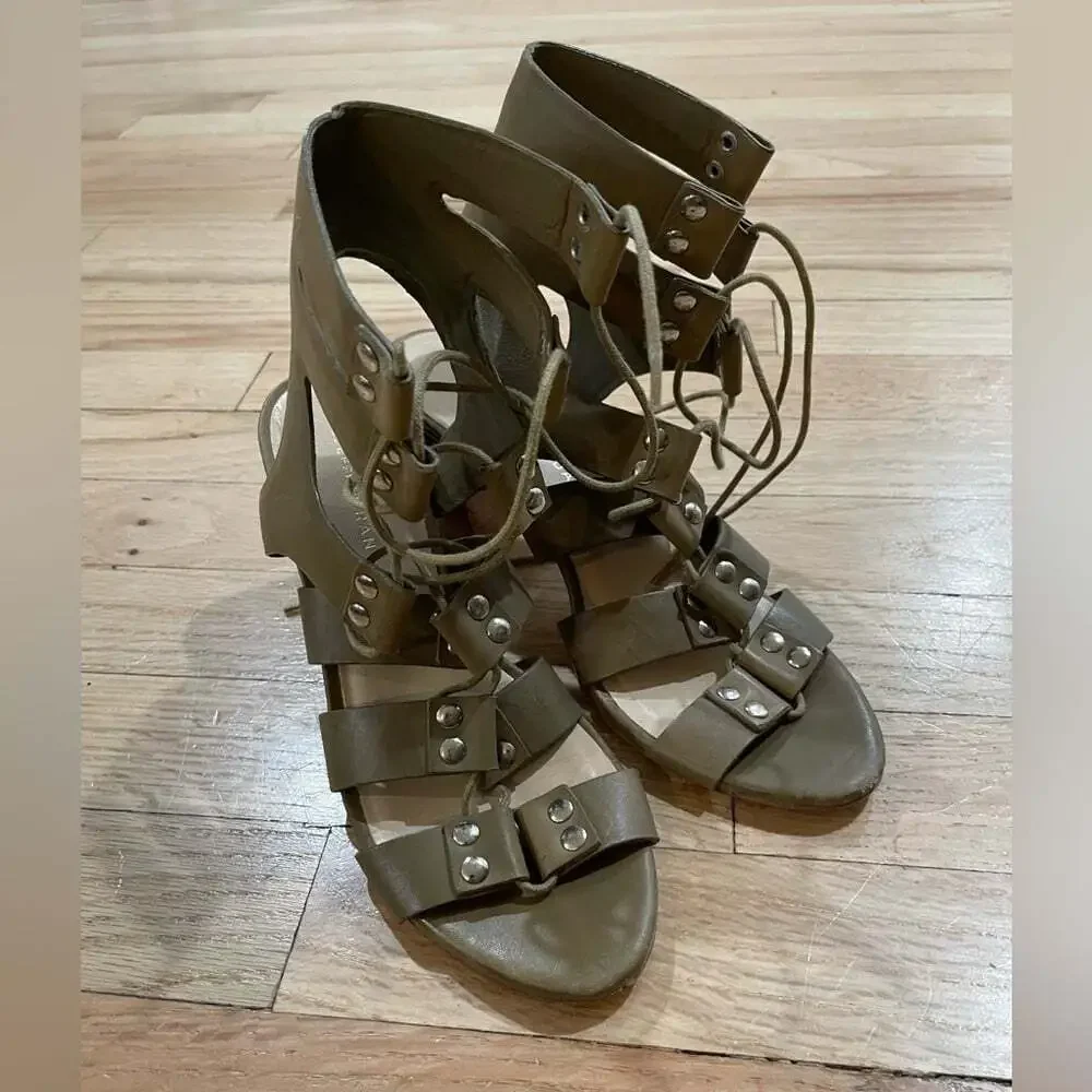 Loeffler Randall Lace Up Dark Olive Green Gladiator Block Heels Sz 6B